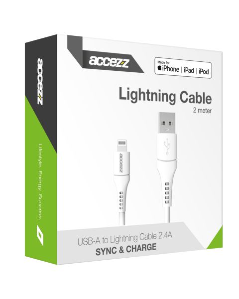MFI Certified Lightning naar USB kabel - 2 meter - Wit - Wit / White