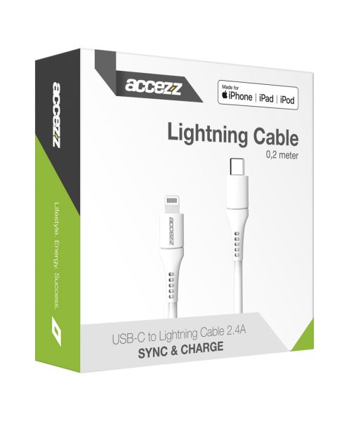 Accezz Lightning naar USB-C kabel - MFi certificering - 0,2 meter - Wit / Weiß / White