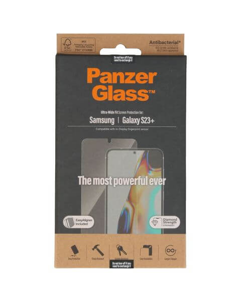 PanzerGlass Ultra-Wide Fit Anti-Bacterial Screenprotector incl. applicator Samsung Galaxy S23 Plus - Zwart / Schwarz / Black