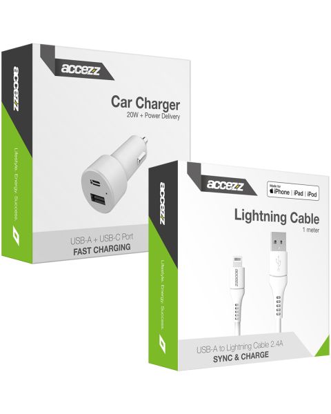Accezz Car Charger met Lightning naar USB kabel - Autolader - MFi certificering - 20 Watt - 1 meter - Wit / Weiß / White