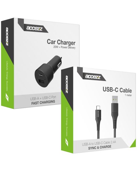 Accezz Car Charger met USB-C naar USB kabel - Autolader - 20 Watt - 1 meter - Zwart / Schwarz / Black