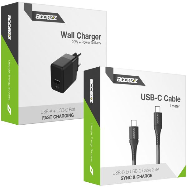 Accezz Wall Charger met USB-C naar USB-C kabel - Oplader - 20 Watt - 1 meter - Zwart / Schwarz / Black