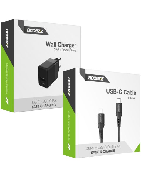 Accezz Wall Charger met USB-C naar USB-C kabel - Oplader - 20 Watt - 1 meter - Zwart / Schwarz / Black