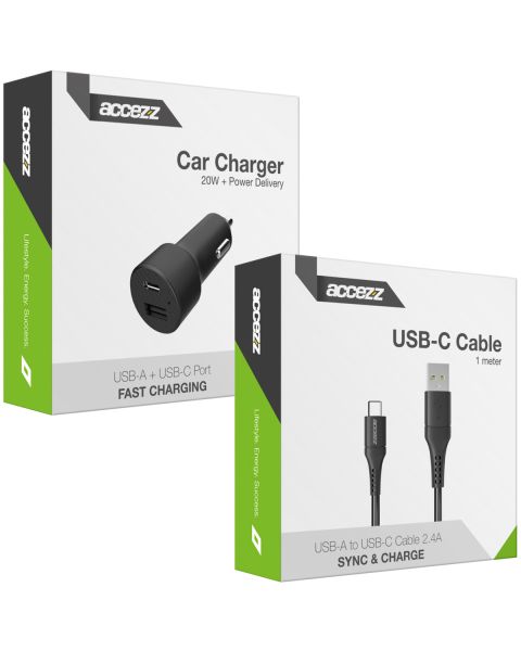 Car Charger 20W + Micro-USB naar USB kabel - 1 meter - Zwart - Zwart