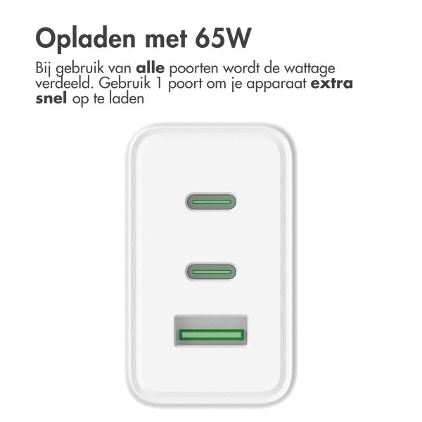 Accezz Power Pro GaN Ultra Fast Wall Charger - Oplader 2x USB-C & USB aansluiting - Snellader - Power Delivery - 65W - Wit / Weiß / White