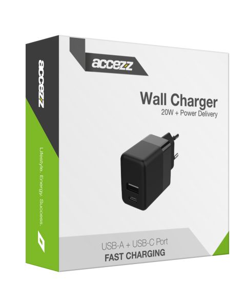 Accezz Wall Charger - Oplader - USB-C en USB aansluiting - Power Delivery - 20 Watt - Zwart / Schwarz / Black