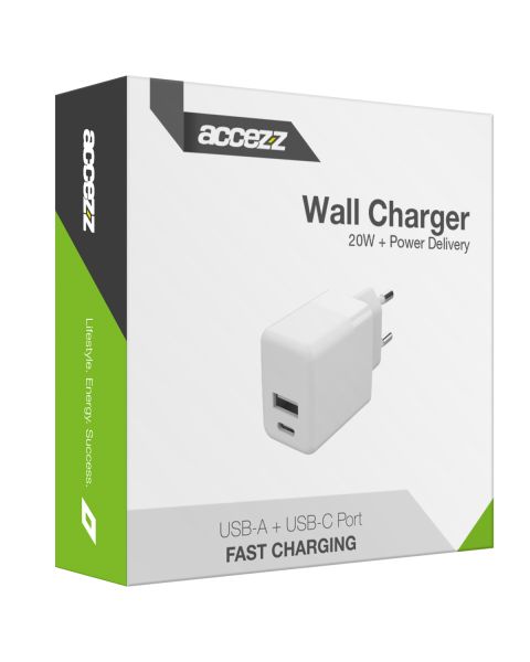 Accezz Wall Charger - Oplader - USB-C en USB aansluiting - Power Delivery - 20 Watt - Wit / Weiß / White