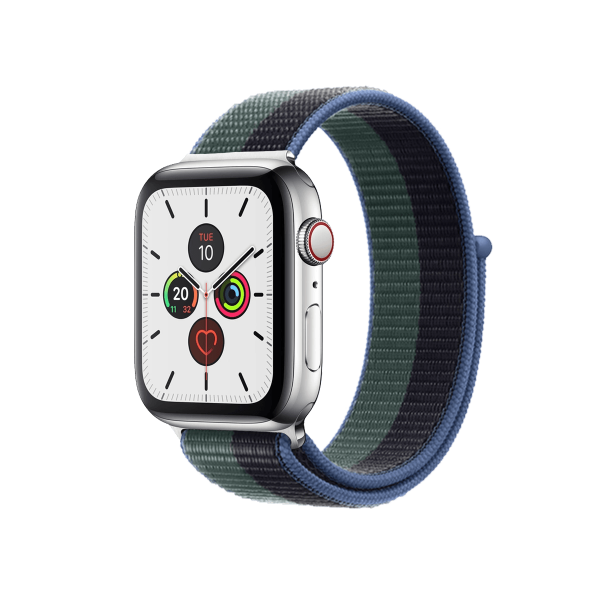 Apple Watch Series 5 | 44mm | Stainless Steel Case Zilver | Blauw/groen sportbandje | GPS | WiFi + 4G