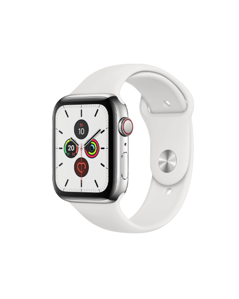 Refurbished Apple Watch Series 5 | 44mm | Stainless Steel Case Zilver | Wit sportbandje | GPS | WiFi + 4G