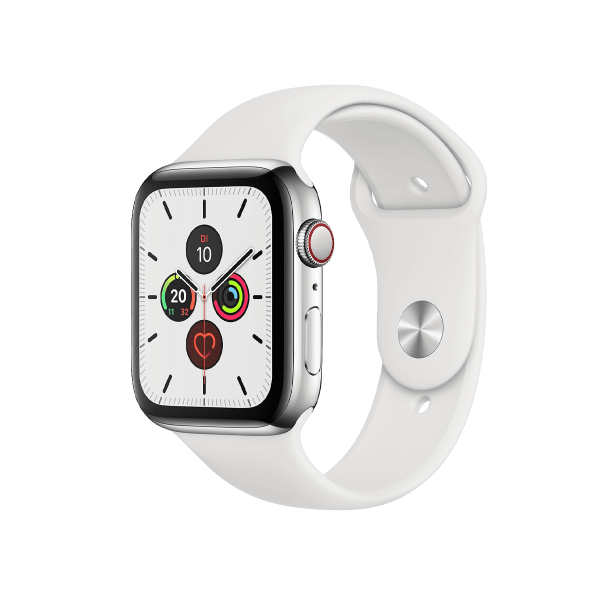 Apple Watch Series 5 | 44mm | Stainless Steel Case Zilver | Wit sportbandje | GPS | WiFi + 4G