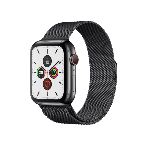 Apple Watch Series 5 | 44mm | Stainless Steel Case Zwart | Zwart Milanees bandje | GPS | WiFi + 4G