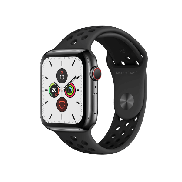 Apple Watch Series 5 | 44mm | Stainless Steel Case Zwart | Zwart Nike sportbandje | GPS | WiFi + 4G