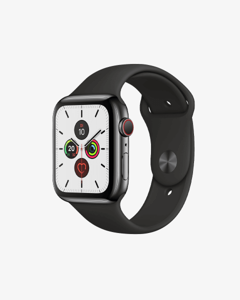 Apple Watch Series 5 | 44mm | Stainless Steel Case Zwart | Zwart sportbandje | GPS | WiFi + 4G