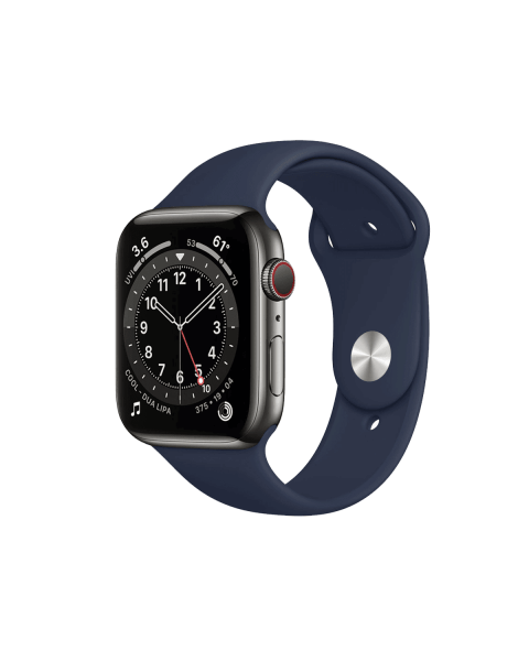 Apple Watch Series 6 | 44mm | Stainless Steel Case Grafiet | Middernacht Blauw sportbandje | GPS | WiFi + 4G