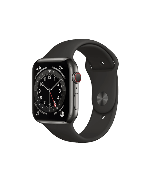 Apple Watch Series 6 | 44mm | Stainless Steel Case Grafiet | Zwart sportbandje | GPS | WiFi + 4G