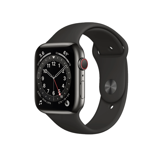 Apple Watch Series 6 | 44mm | Stainless Steel Case Grafiet | Zwart sportbandje | GPS | WiFi + 4G