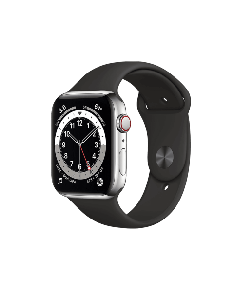 Refurbished Apple Watch Series 6 | 44mm | Stainless Steel Case Zilver | Zwart sportbandje | GPS | WiFi + 4G