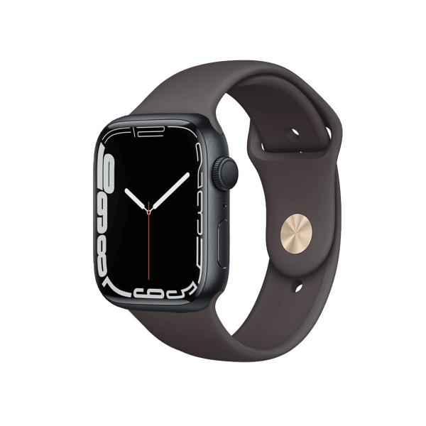 Apple Watch Series 7 | 45mm | Aluminium Case Middernacht Blauw | Bruin sportbandje | GPS | WiFi + 4G