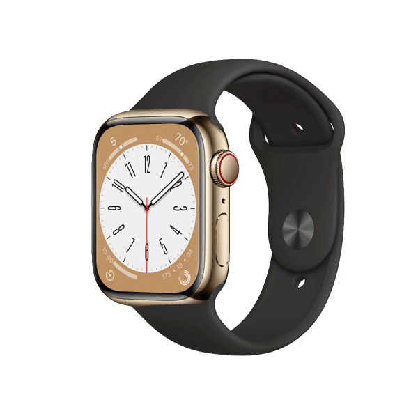 Apple Watch Series 7 | 45mm | Stainless Steel Case Goud | Zwart sportbandje | GPS | WiFi + 4G