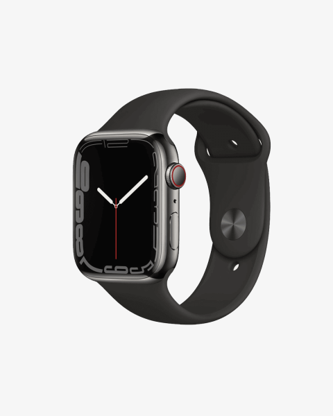 Apple Watch Series 7 | 45mm | Stainless Steel Case Grafiet | Zwart sportbandje | GPS | WiFi + 4G