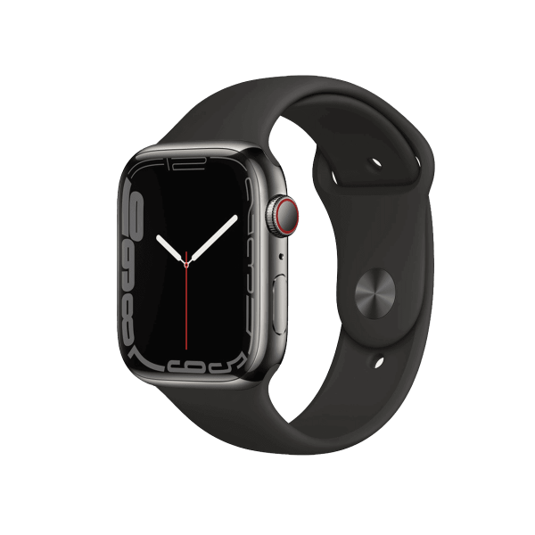 Apple Watch Series 7 | 45mm | Stainless Steel Case Grafiet | Zwart sportbandje | GPS | WiFi + 4G