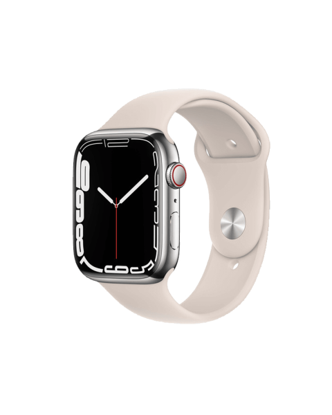 Refurbished Apple Watch Series 7 | 45mm | Stainless Steel Case Zilver | Sterrenlicht Wit sportbandje | GPS | WiFi + 4G
