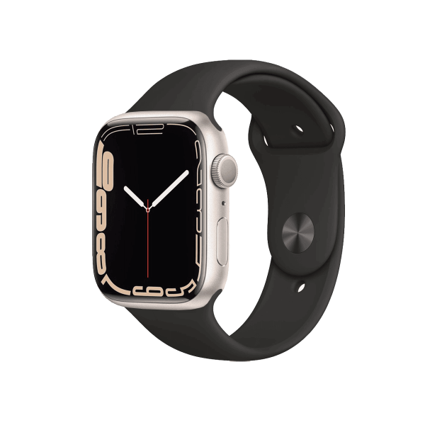 Apple Watch Series 7 | 45mm | Aluminium Case Sterrenlicht Wit | Zwart sportbandje | GPS | WiFi + 4G