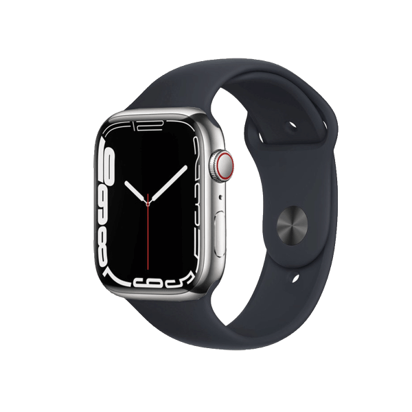 Apple Watch Series 7 | 45mm | Stainless Steel Case Zilver | Middernacht Blauw sportbandje | GPS | WiFi + 4G