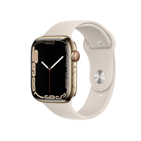 Apple Watch Series 7 | 45mm | Stainless Steel Case Goud | Antique Wit sportbandje | GPS | WiFi + 4G