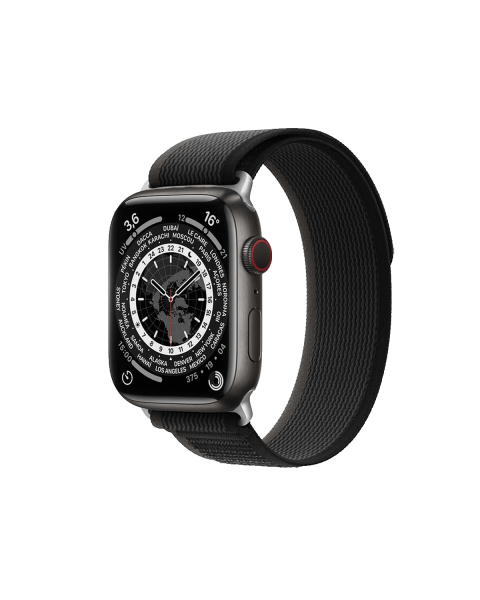 Apple Watch Series 7 | 45mm | Titanium Case Space Black | Grijs/Zwart trailbandje | GPS | WiFi + 4G
