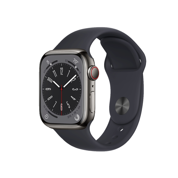 Apple Watch Series 8 | 41mm | Stainless Steel Case Grafiet | Middernacht Blauw sportbandje  | GPS | WiFi + 4G