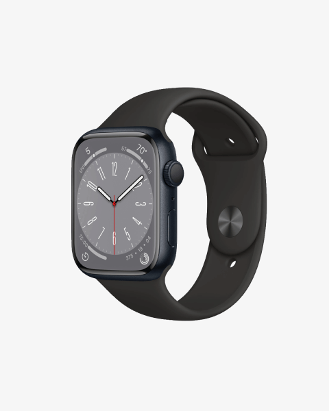 Apple Watch Series 8 | 45mm | Aluminium Case Middernacht Blauw | Zwart sportbandje | GPS | WiFi + 4G