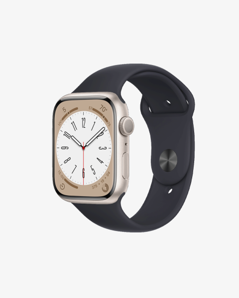 Apple Watch Series 8 | 45mm | Aluminium Case Sterrenlicht Wit | Middernacht Blauw sportbandje | GPS | WiFi + 4G