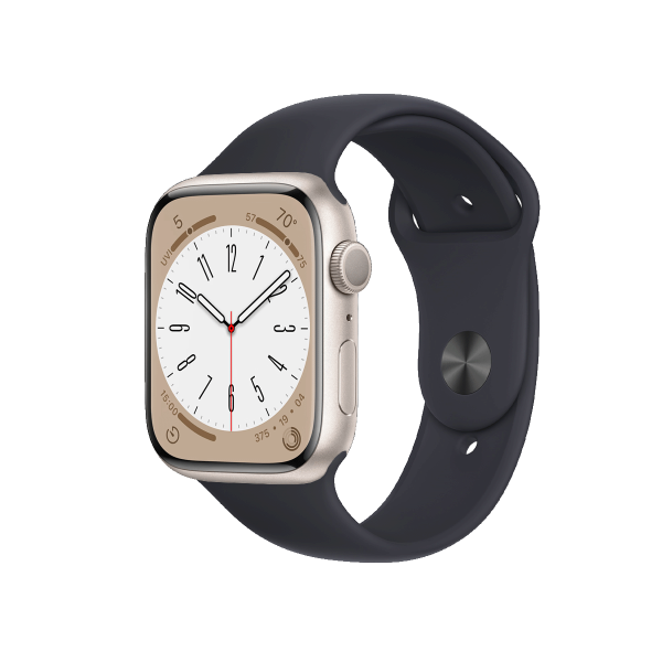 Apple Watch Series 8 | 45mm | Aluminium Case Sterrenlicht Wit | Middernacht Blauw sportbandje | GPS | WiFi + 4G