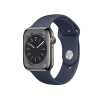 Apple Watch Series 8 | 45mm | Stainless Steel Case Grafiet | Middernacht Blauw sportbandje | GPS | WiFi + 4G