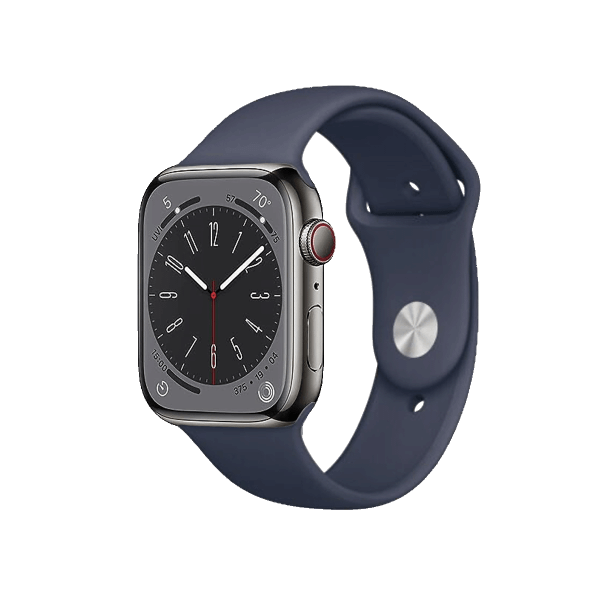 Apple Watch Series 8 | 45mm | Stainless Steel Case Grafiet | Middernacht Blauw sportbandje | GPS | WiFi + 4G