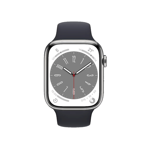 Apple Watch Series 8 | 45mm | Stainless Steel Case Zilver | Zwart sportbandje | GPS | WiFi + 4G
