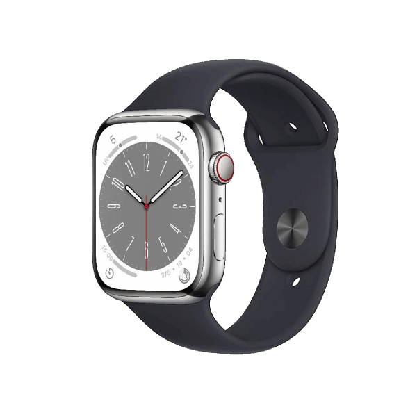 Apple Watch Series 8 | 45mm | Stainless Steel Case Zilver | Zwart sportbandje | GPS | WiFi + 4G