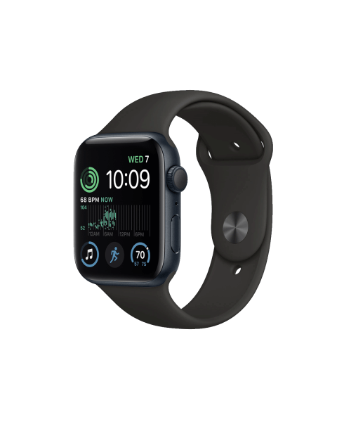 Apple Watch Series SE 2022 | 44mm | Aluminium Case Middernacht Blauw | Zwart sportbandje | GPS | WiFi + 4G