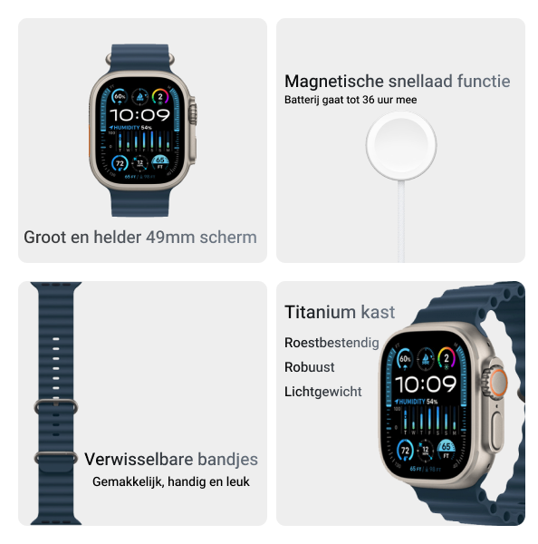 Apple Watch Ultra | 49mm | Titanium Case | Blauw Oceaanbandje | GPS | WiFi + 4G